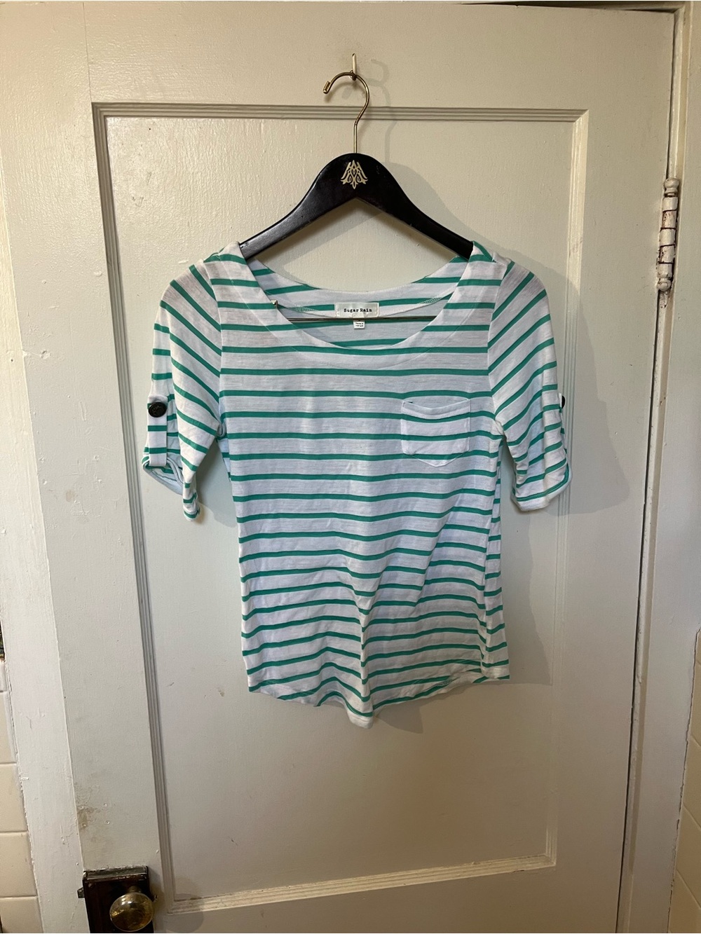 Sugarlips Sugar Rain Green White Striped 3/4 Tab Sleeve Scoop Neck Tee Small